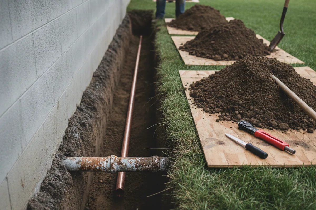 Excavated water line trench during Sewer Line Repair in Herreid